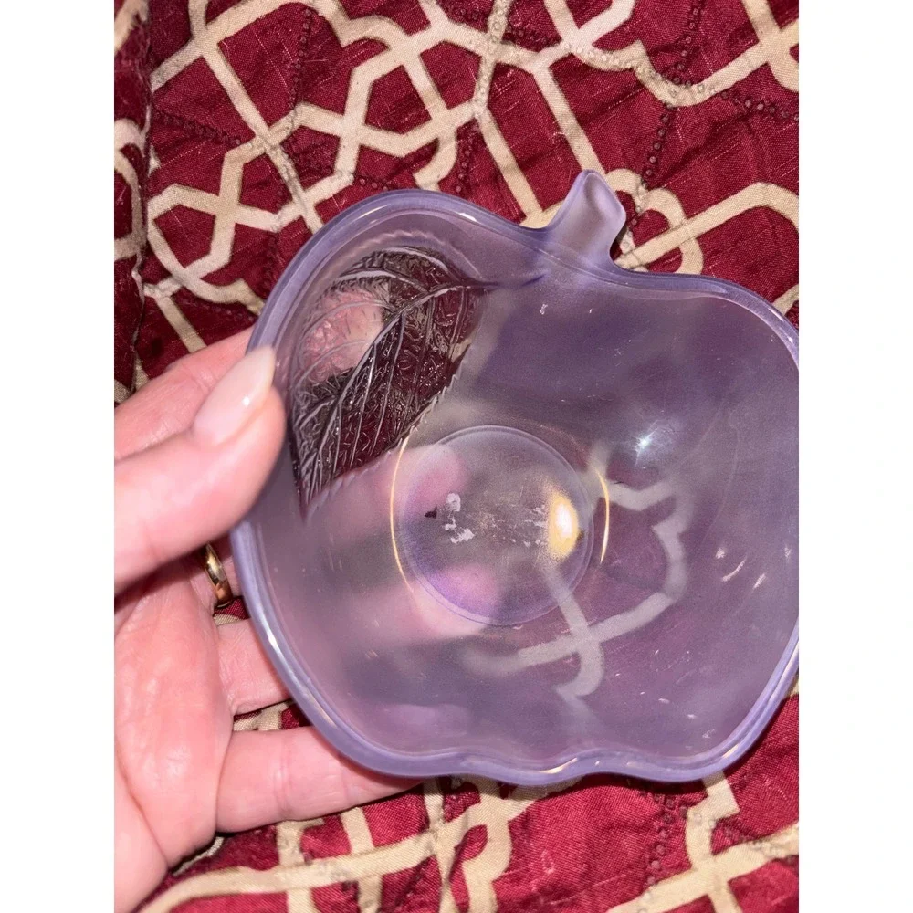 Purple Frosted Glass Apple Shaped Bowls Set of 2 Leaf Detail Satin Finish 5in